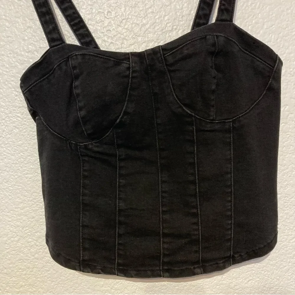 Oat New York Black Denim Bustier Crop Top Small